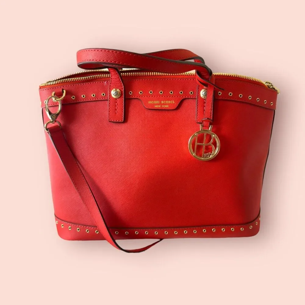 Henri Bendel West 57th Saffiano Leather Satchel‎ Shoulder Handbag Red/Orange